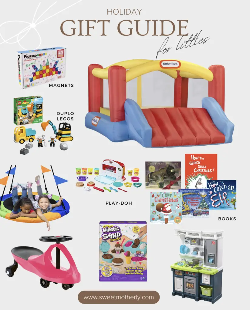 A collage of toys and books for kids.